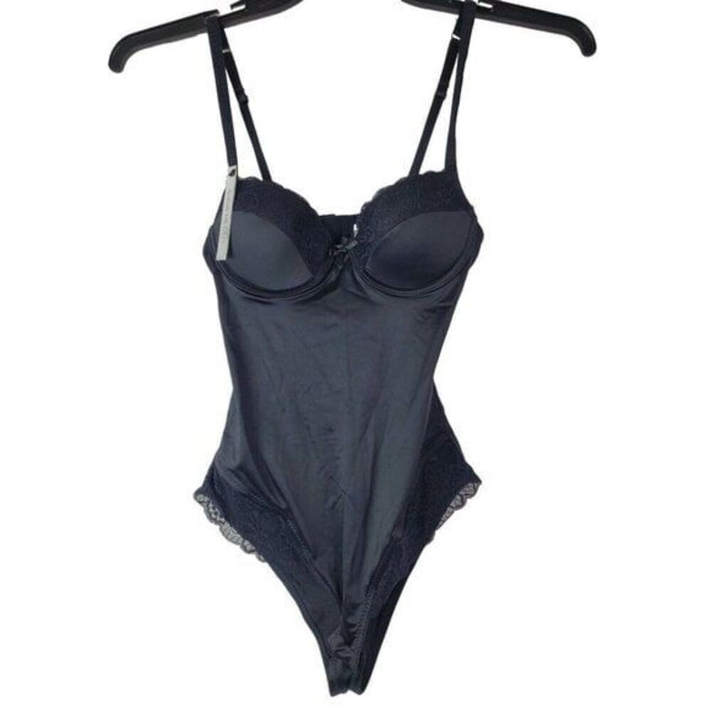 NWT New Marilyn Monroe Womens Black Satin Teddy Lingerie Built in Bra Small